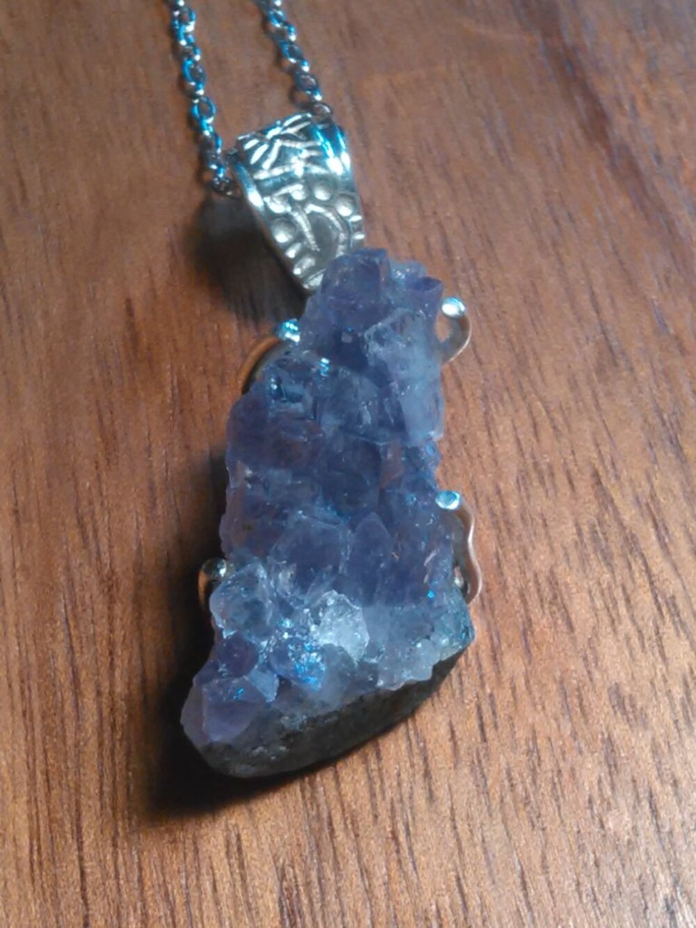 Amethyst Geode Sterling Silver Pendant Stainless Steel Necklace (16 to 18 Inch)